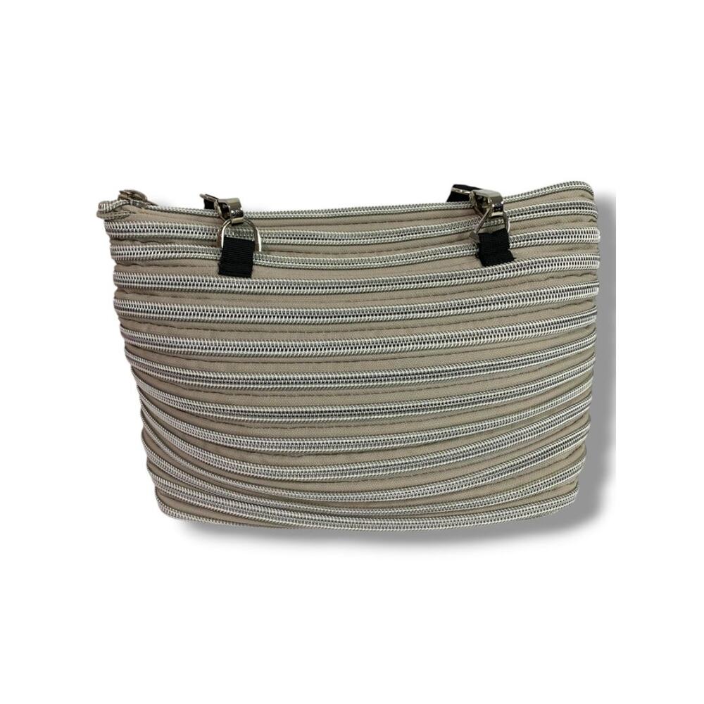 Bam Bags Zipper Purse Beige Silver Tote  Bag Purse Flat Bottom - Picture 5 of 8